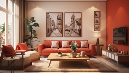 Stylish and contemporary living room interior with vibrant red tones and captivating wall art