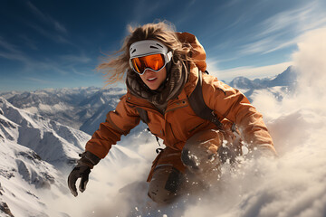 beautiful woman enjoys snowboarding down the mountains, feeling the wind in their hair and conquering snowy peaks