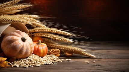 A composition of organic products on a wooden background during the autumn season. - obrazy, fototapety, plakaty