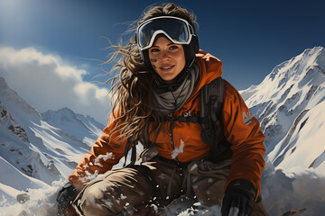 beautiful woman enjoys snowboarding down the mountains, feeling the wind in their hair and conquering snowy peaks