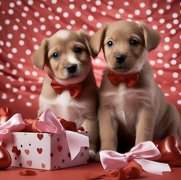 Puppies with bowties in gift boxes