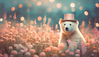 Polar bear in pink top hat sitting in pink flower field; widescreen 16:9 background / wallpaper