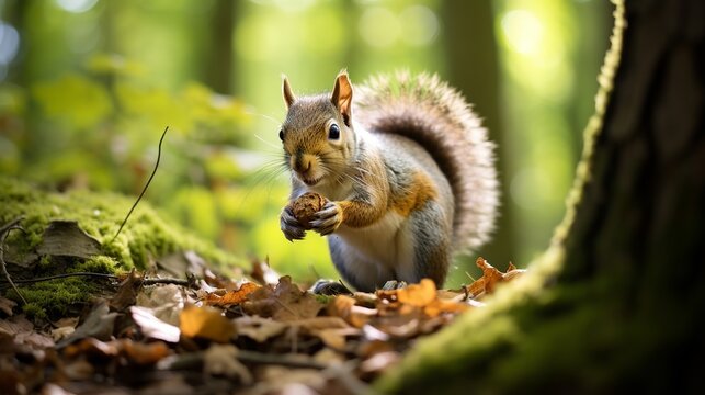 A gorgeous image of a lovable fox squirrel nibbling on hazelnuts from behind a tree