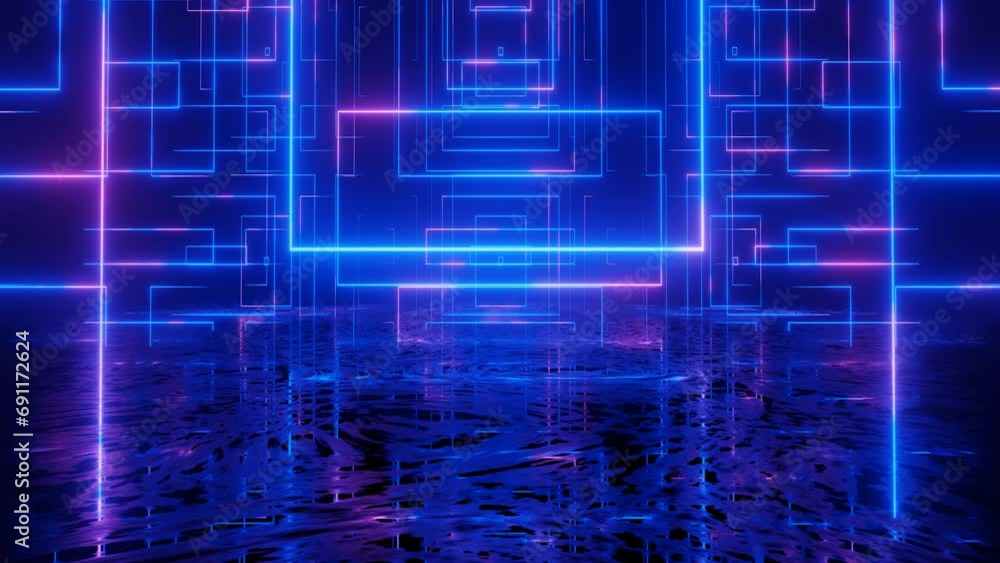 Aufkleber neon design blue purple pattern. 4k video with various neon elements and a reflecting floor. looped 