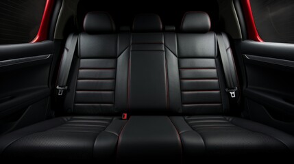 Frontal view of sleek black leather back passenger seats in modern luxury car interior
