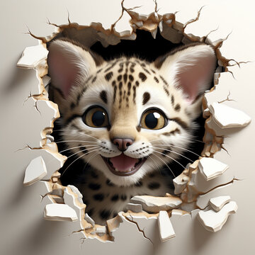 a cute margay sticking out of a broken hole in a white torn wall created with Generative Ai