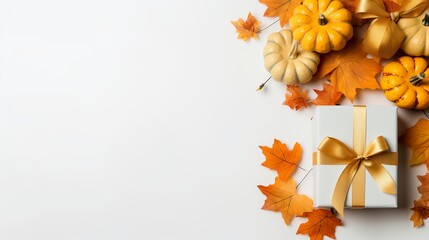 A white background and a gift in an autumn composition.