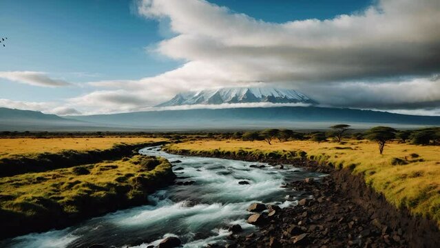Kilimanjaro mountain with river landscape video
