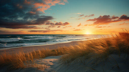 A Beautiful White Sand Beach on the Coastline at Sunset - obrazy, fototapety, plakaty