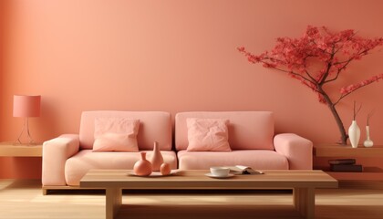 Stunning modern living room interior with a delightful pink color palette and captivating wall art