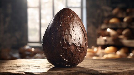 A chocolate Easter egg with a rustic, handcrafted look, featuring a textured surface like tree bark, set on a white fur rug