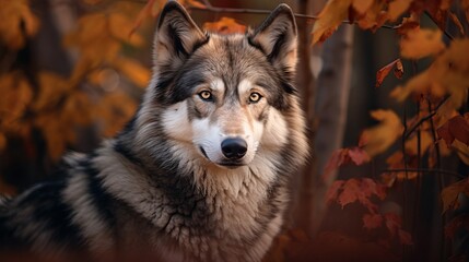 In the forest, there is a wolfdog with brown and white fur who is angry in the middle of red leaves...
