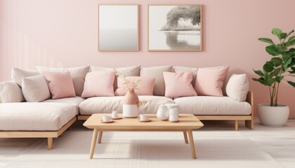Elegant and trendy living room with modern pink tone interior and captivating artwork on the wall