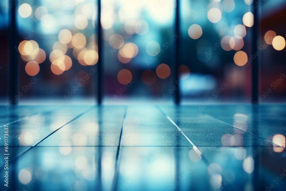 Poster abstract bright bokeh lights in an empty open office space with blurred background for modern design