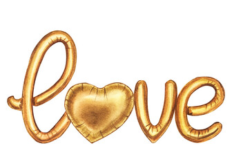 Golden text, word love, foil balloon, Valentine's day design element. Hand drawn watercolor illustration isolated on white background. For holiday, postcard, poster, carnival, banner