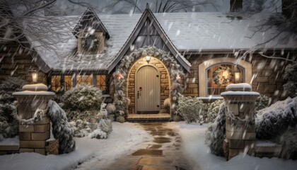 Charming snowy cottage with festive christmas decorations and twinkling lights in a cozy ambiance