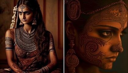 A model adorned with intricate henna patterns, drawing inspiration from the rich traditions of...