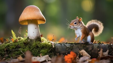 There is a squirrel standing next to two mushrooms.