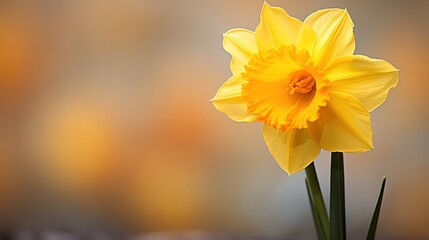  a single yellow daffodil in front of a blurry background with a blurry image of the back of the daffodil in the foreground.