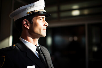 A mature navy officer in a uniform and captain's cap stands confidently, portraying a serious yet sunny demeanor.