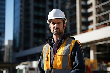 An outdoor portrait of a happy engineer at a construction site, wearing a hard hat.