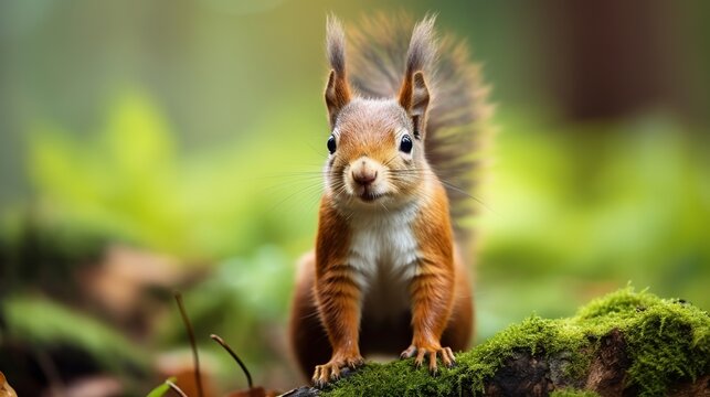 A blurry background is depicted with a brown squirrel standing.