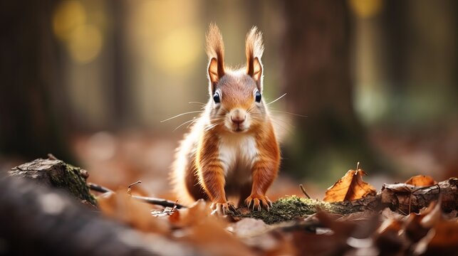 A blurry background is depicted with a brown squirrel standing.