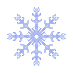 Snowflake blue lilac frost crystals. Symbol of winter, cold weather. New Year and Christmas holiday card. Hand drawn watercolor illustration isolated on white background.