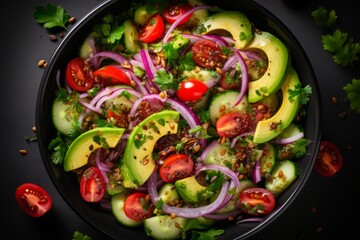 Avocado salad with cherry tomatoes, cucumber, and lettuce on dark blue background, top view.