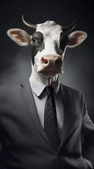 Cow dressed in an elegant grey suit, standing as a confident leader and a powerful businessman. Fashion portrait of an anthropomorphic animal posing with a charismatic human attitude © mozZz