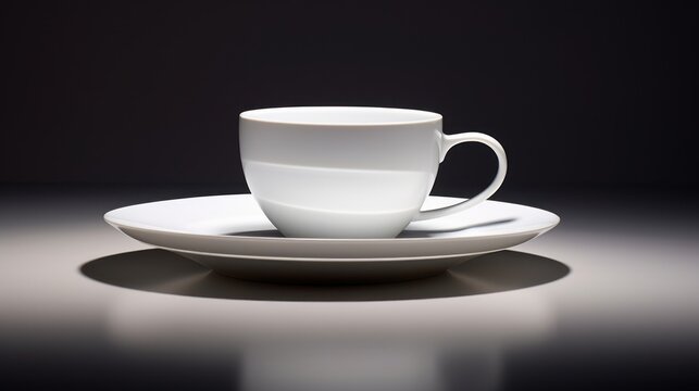  a white coffee cup sitting on top of a white saucer on top of a white saucer on a white plate on top of a black table with a black background.
