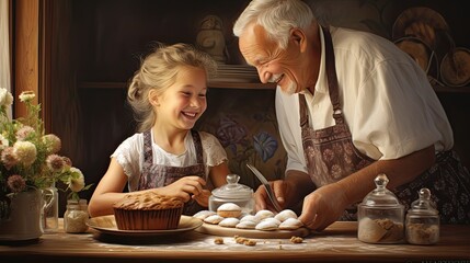 Grandfather and granddaughter enjoying baking together in a cozy, rustic kitchen, with warm lighting and homemade pie on the table.