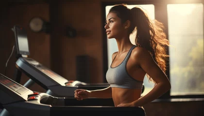 Foto op Aluminium Fitness Unrecognizable caucasian woman exercising in fitness club, resting after treadmill workout in gym