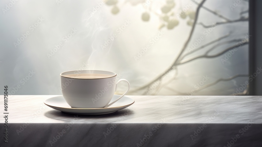 Poster  a cup of coffee sits on a saucer on a table in front of a window with the sun shining through the leaves of a tree branch in the background.