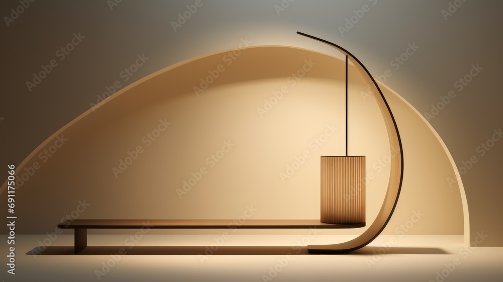 Poster a wooden table with a lamp on top of it next to a shelf with a vase on top of it and a lamp on top o