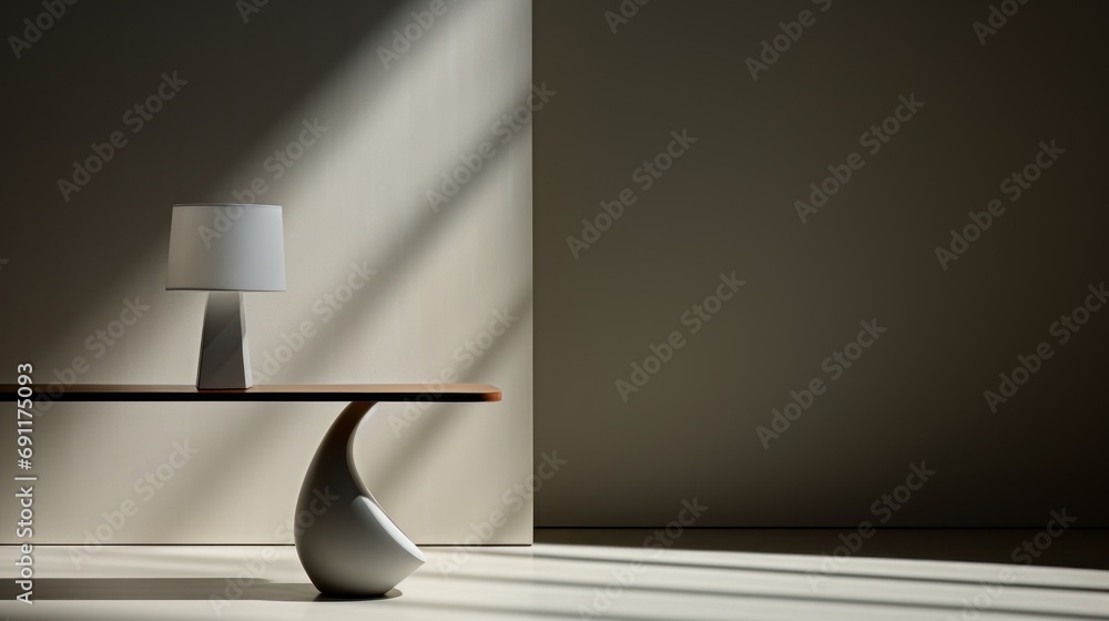 Poster a table with a lamp on top of it in a room with a light coming through the window and a shadow from 