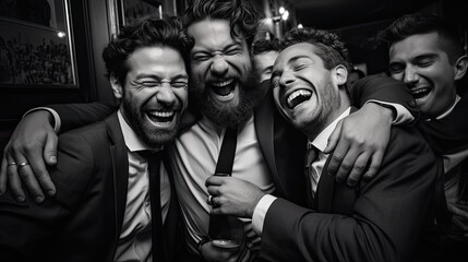 Fototapeta na wymiar Group of joyful men in suits laughing and celebrating, black and white photo.
