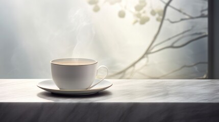  a cup of coffee sits on a saucer on a table in front of a window with the sun shining through the leaves of a tree branch in the background.