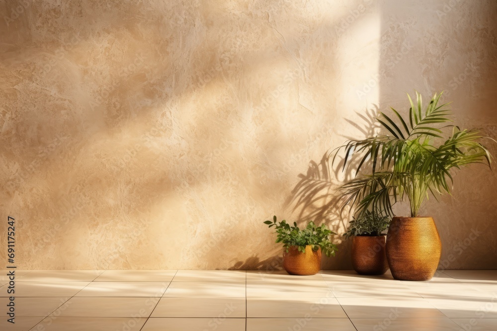 Poster minimalistic abstract beige background with natural light from window for product presentation