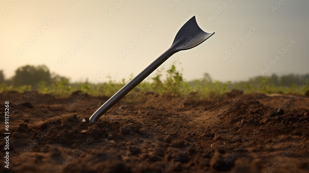 Aufkleber a fork sticking out of the ground in the middle of a dirt field with grass and bushes in the distanc
