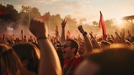 Crowd of people enjoying an outdoor music festival, cheering with raised hands at sunset. - obrazy, fototapety, plakaty