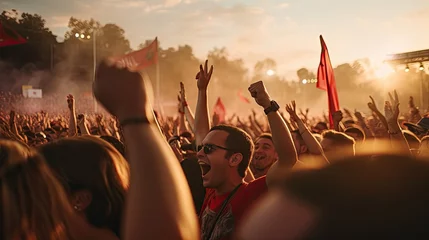 Foto op Aluminium Crowd of people enjoying an outdoor music festival, cheering with raised hands at sunset. © Rene Grycner