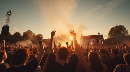 Crowd enjoying a music festival at sunset with raised hands and stage in background. - obrazy, fototapety, plakaty