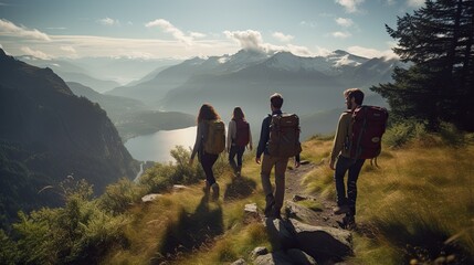 Group of hikers with backpacks trekking in mountainous terrain, enjoying panoramic views under a clear sky. - obrazy, fototapety, plakaty