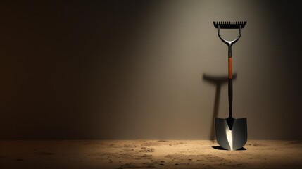  a shovel and a shovel with a long handle sitting on a table in the middle of a dark room with a light on the floor and a shadow on the wall. - obrazy, fototapety, plakaty