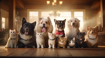 Group of various adorable dogs and cats sitting indoors, looking at the camera with a warm, cozy...