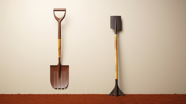  a pair of shovels and a shovel on a brown carpet next to a wall with a white wall in the background and a brown shovel on the right side of the wall.