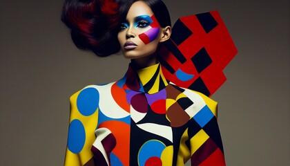 A model in a vibrant, abstract-printed outfit reminiscent of Kandinsky's bold compositions.
