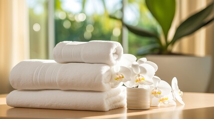 Fototapeta na wymiar Tranquil Spa Escape. Serene Ambiance with Soft White Towels for Ultimate Relaxation