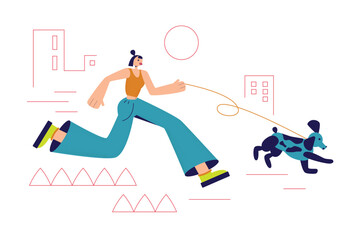 Girl walking  dog  in the city. Character in hypertrophied disproportional style with big legs. Vector illustration